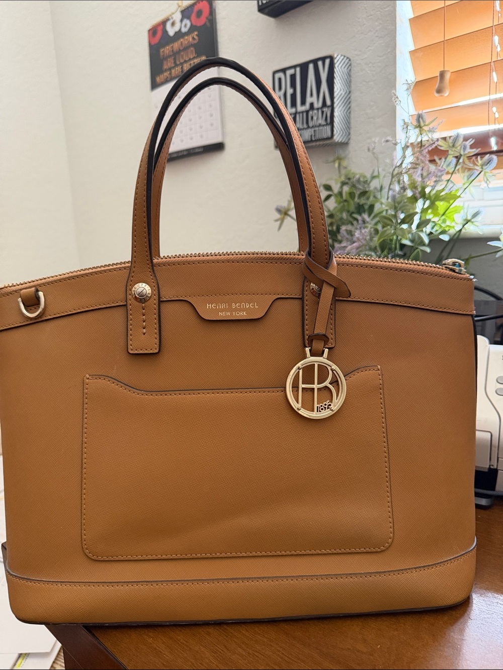 henri bendel Caramel Tan Saffiano Leather Tote with Gold Charm